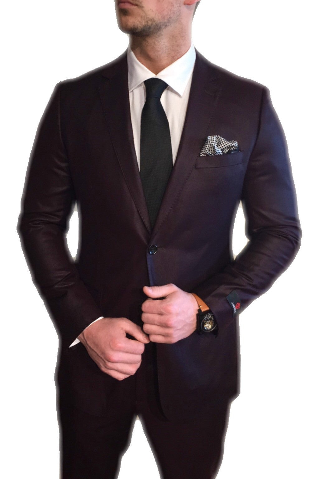 Hollywood Suit Men's Modern Fit Black With Burgundy Shawl Lapel Velvet  Blazer